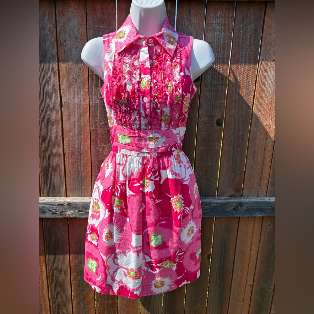Lilly Pulitzer Hot Pink Floral Ruffle Button-Front Sundress Dress